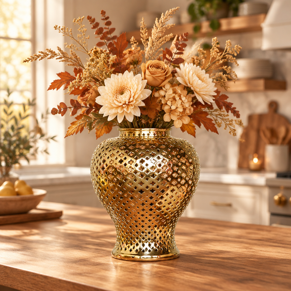 Open gold ceramic lattice ginger jar holding cream and amber flowers with russet leaves