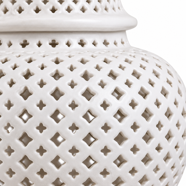 Hand lifting the dome lid off a white ceramic lattice ginger jar, showing removable lid function
