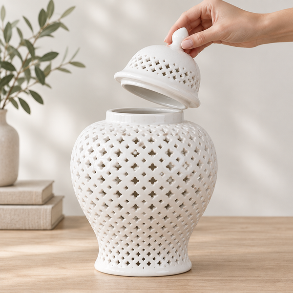 Close-up of white ceramic ginger jar showing pierced diamond lattice cutwork and smooth glaze finish