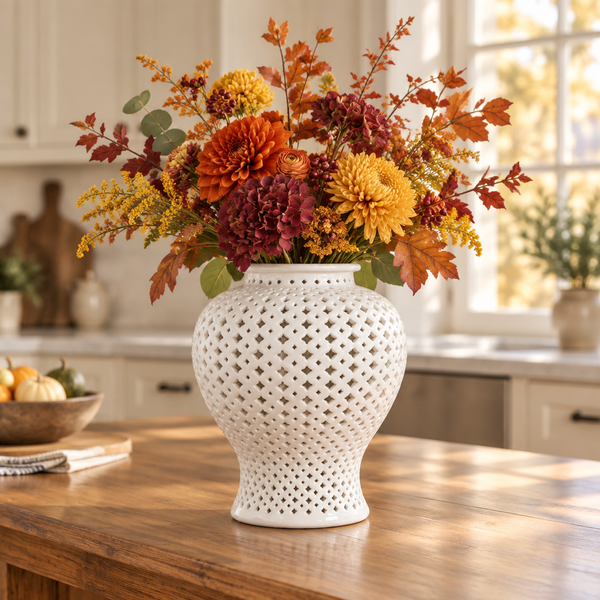 Open white ceramic lattice ginger jar holding rust, burgundy, and golden autumn flowers