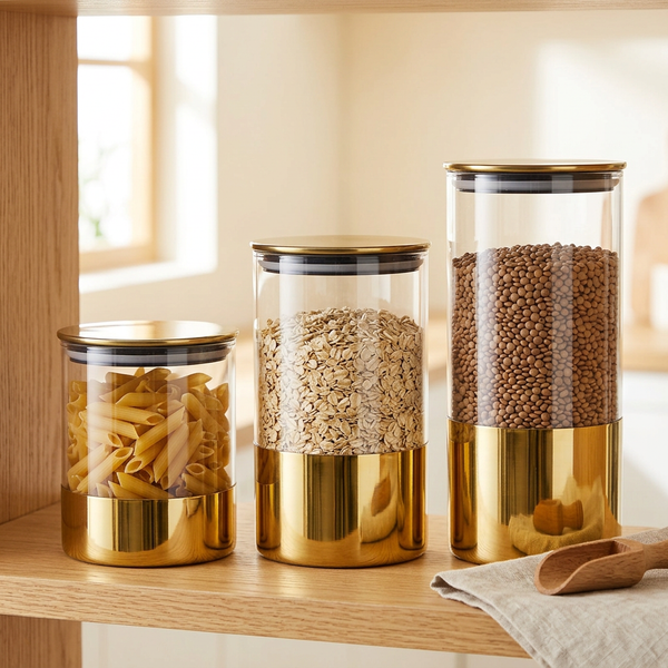 Three glass jars with gold lids and bases holding pasta, oats and lentils on a wooden pantry shelf.