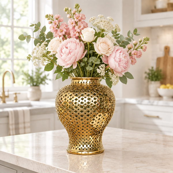 open-gold-ginger-jar-holding-pink-and-cream-flowers