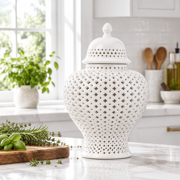 White ceramic ginger jar with lattice cutwork styled on a marble kitchen countertop with fresh herbs