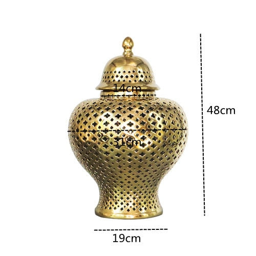 Gold ceramic ginger jar dimensions: 48 cm tall, 31 cm wide, 19 cm base