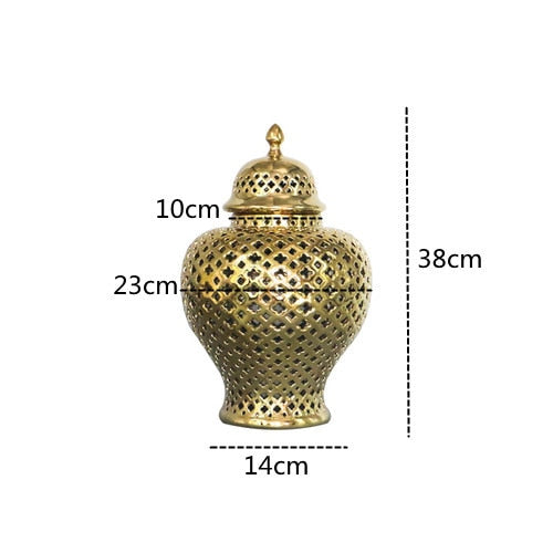 Gold ceramic ginger jar dimensions: 38 cm tall, 23 cm wide, 14 cm base