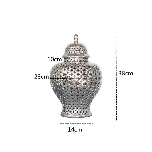 Silver ceramic ginger jar dimensions: 38 cm tall, 23 cm wide, 14 cm base
