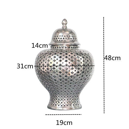 Silver ceramic ginger jar dimensions: 48 cm tall, 31 cm wide, 19 cm base