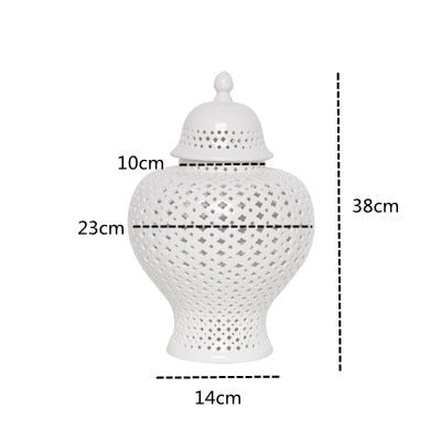 White ceramic ginger jar dimensions: 38 cm tall, 23 cm wide, 14 cm lid diameter