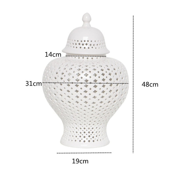 White ceramic ginger jar dimensions: 48 cm tall, 31 cm wide, 19 cm base.