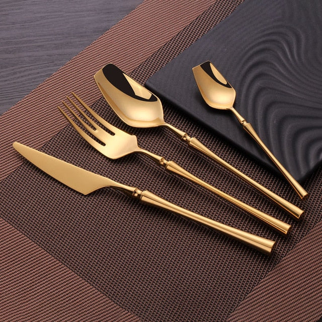 luxury Flatware, fork, Spoon, knife, set shinning gold