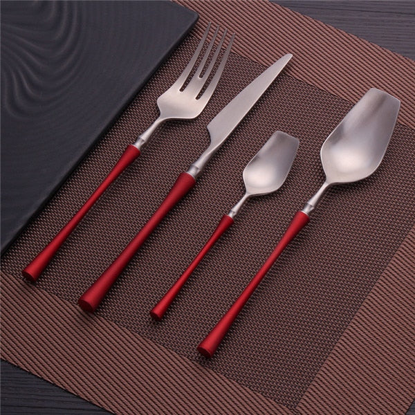 luxury Flatware, fork, Spoon, knife, set red and silver