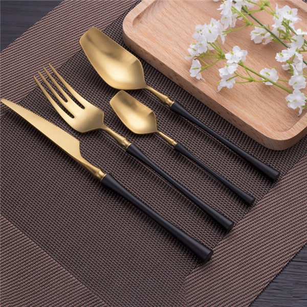 luxury Flatware, fork, Spoon, knife, set, black and gold